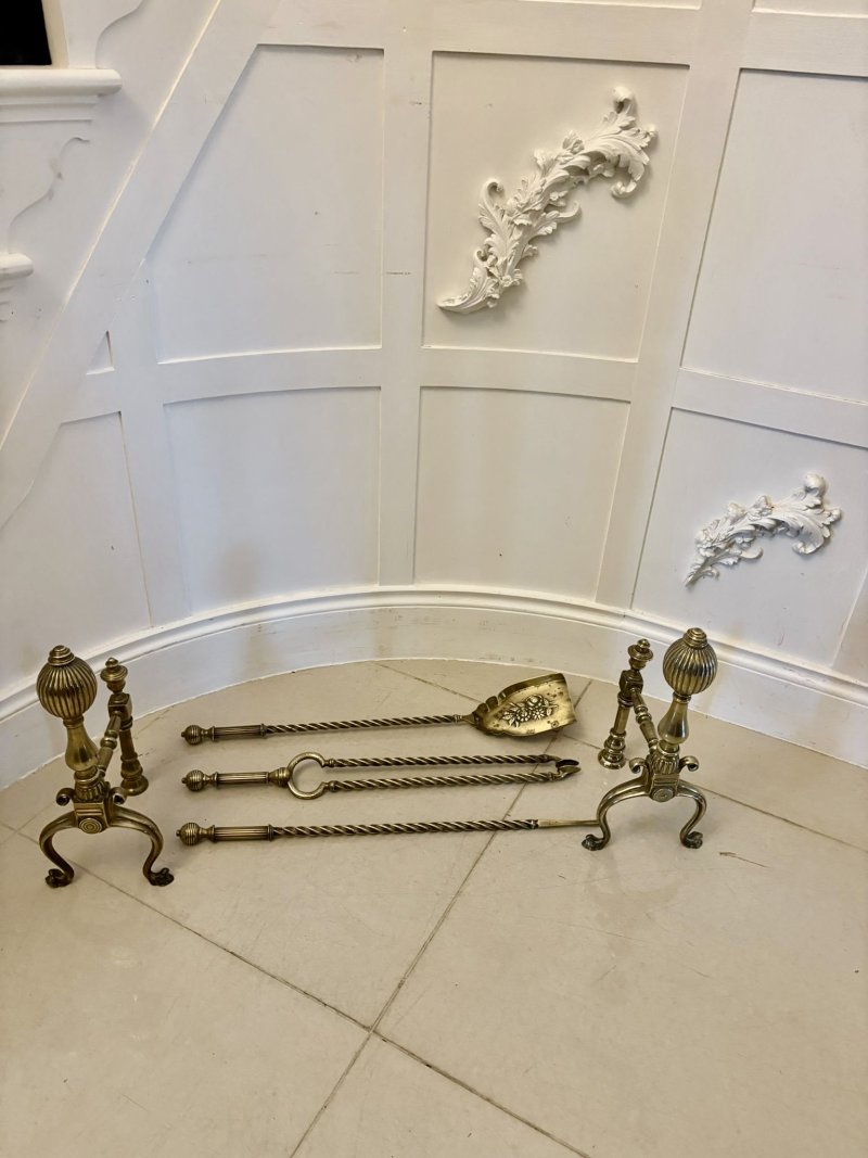 Set of Quality Antique Victorian Brass Fire Irons and Dogs - Image 9